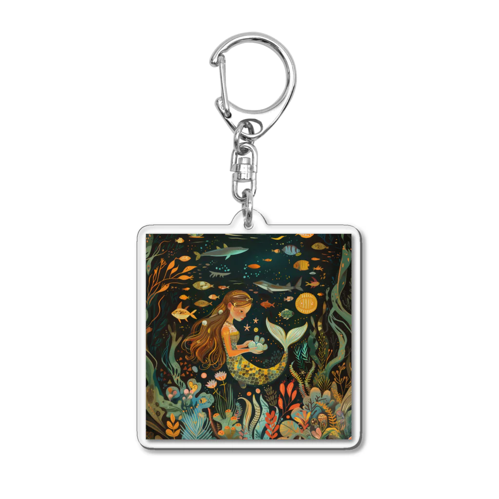 人魚堂の宝石を眺める人魚のアクリルキーホルダー Acrylic key ring of a mermaid gazing at jewels Acrylic Key Chain