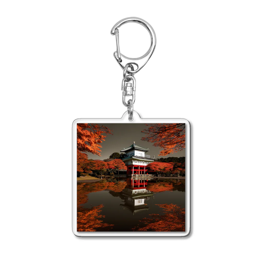 yohiti193の池に映る日本の歴史的建造物と紅葉 Acrylic Key Chain