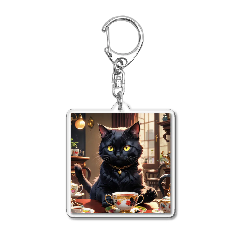 otya-nekoのお茶の時間・ティータイム黒猫 Acrylic Key Chain