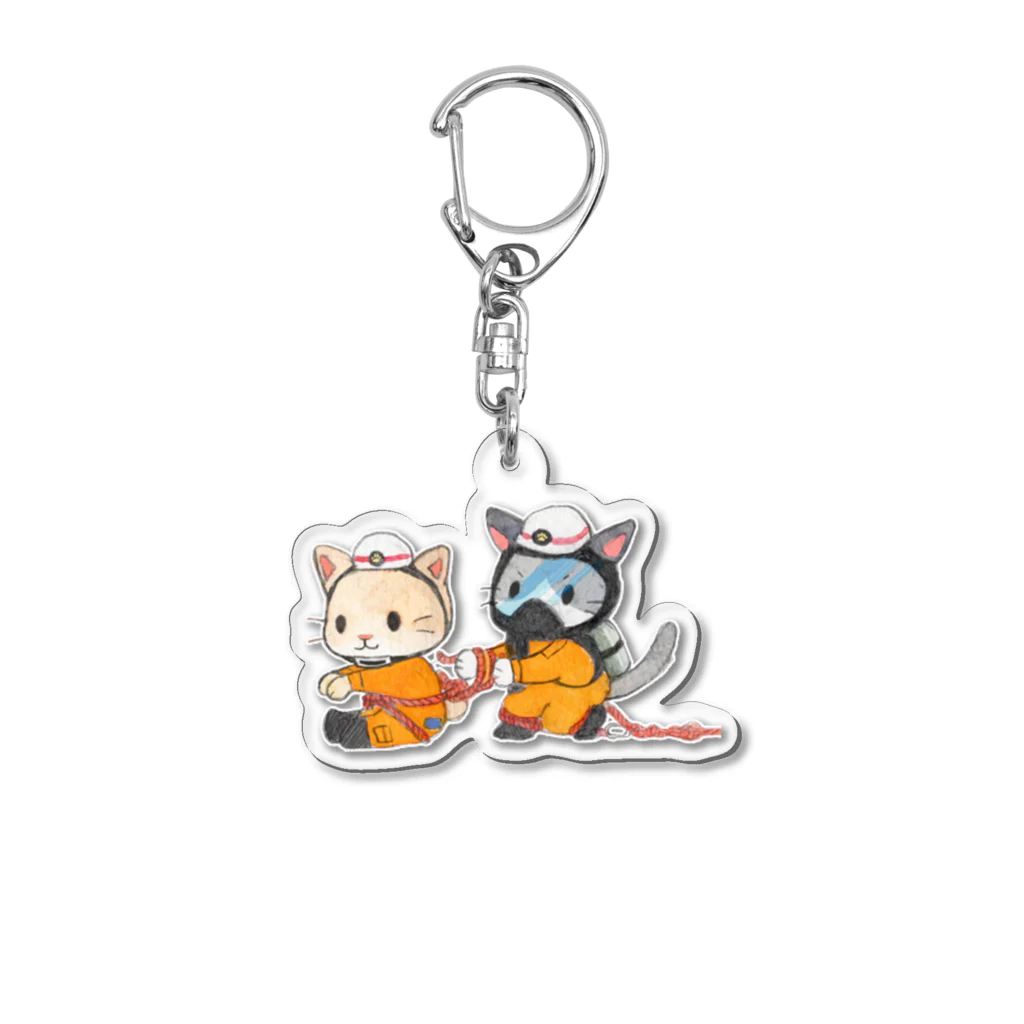 消防 と ねこちゃんのほふく救助結索をするレスキュー隊のねこちゃん Acrylic Key Chain