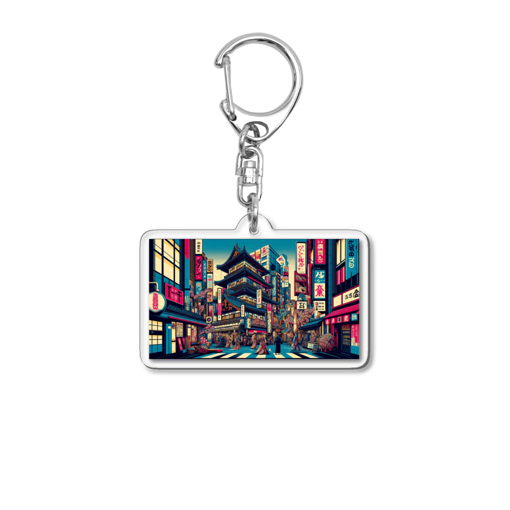 テクノ浮世絵のネオンと伝統の調和-歌舞伎町の夜 Acrylic Key Chain