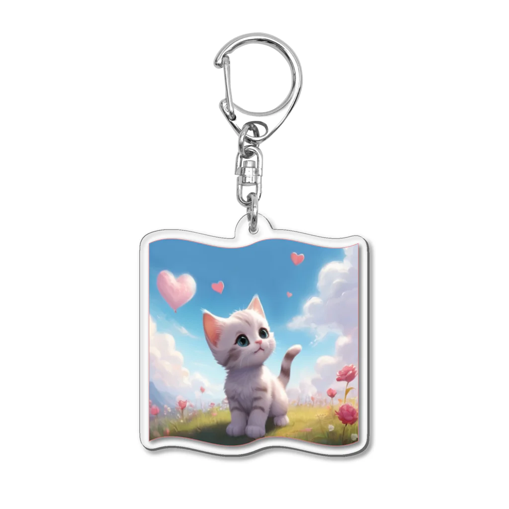 chibi_hikariのCute Kitten with Pink Heart Cloud Acrylic Key Chain