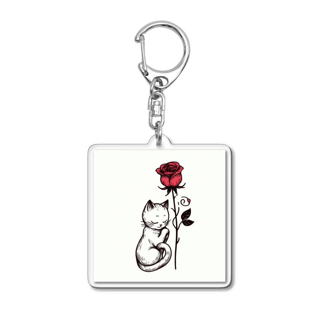 クロネコの薔薇と白猫 Acrylic Key Chain