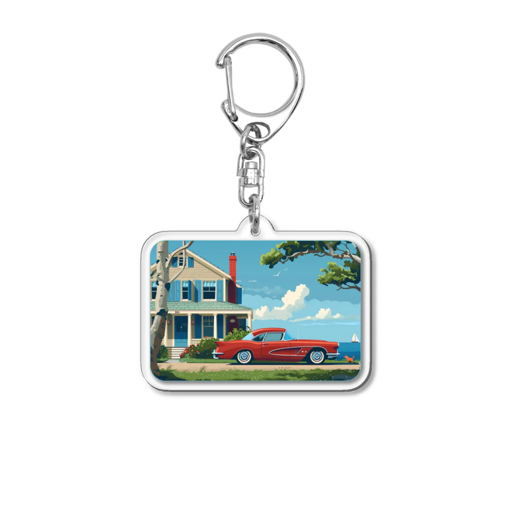 MistyStarkの赤いコルベットと海辺の家　－　red corvette and seaside house　－ Acrylic Key Chain