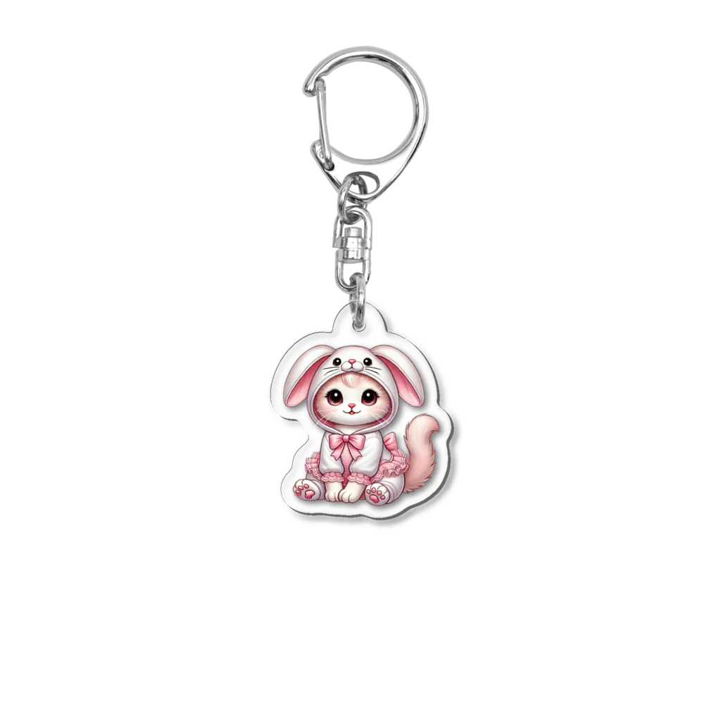 Snow-peaceのふわふわバニーコスチュームのかわいい子猫 Acrylic Key Chain