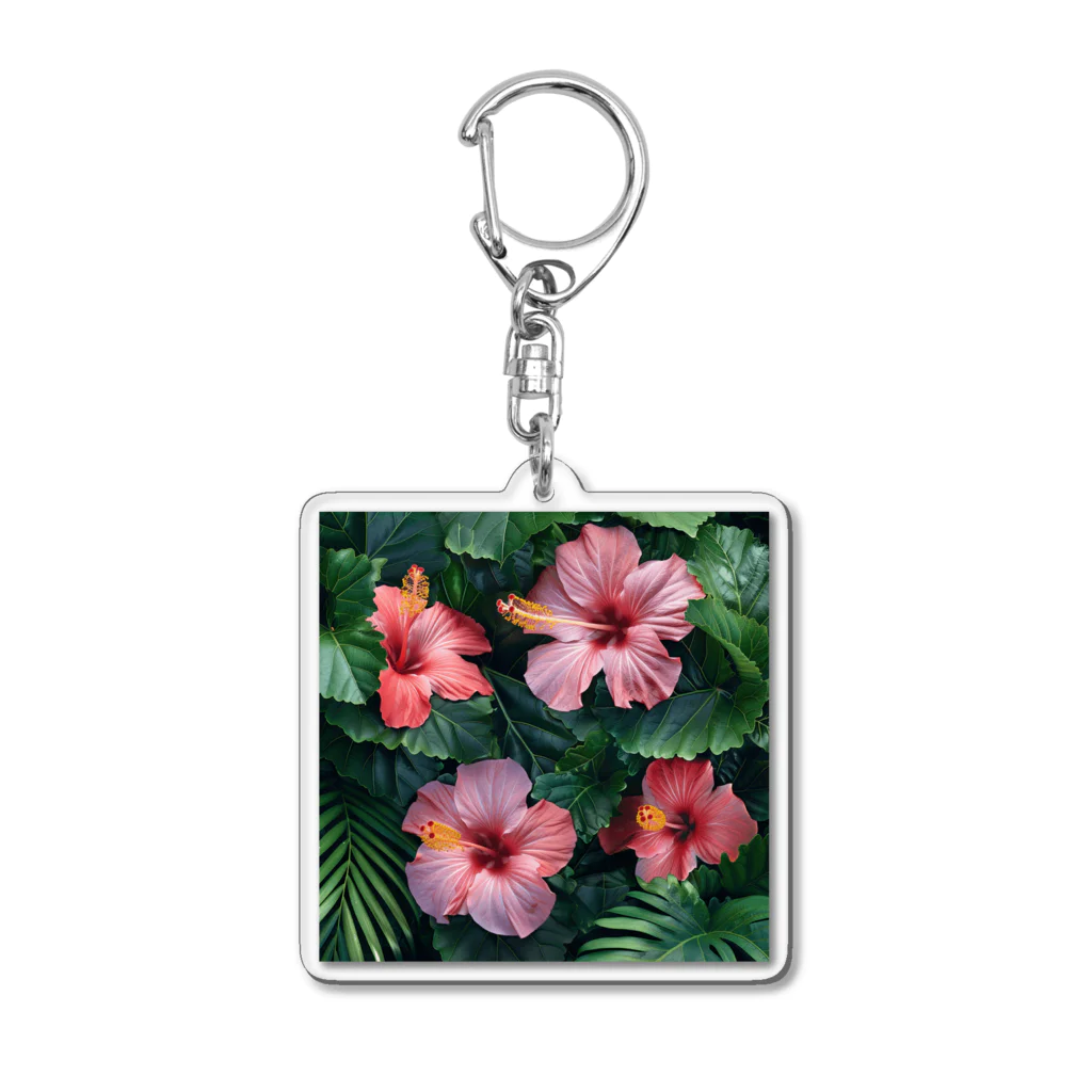 オンラインショップイエローリーフのピンク色のハイビスカスの花 Acrylic Key Chain