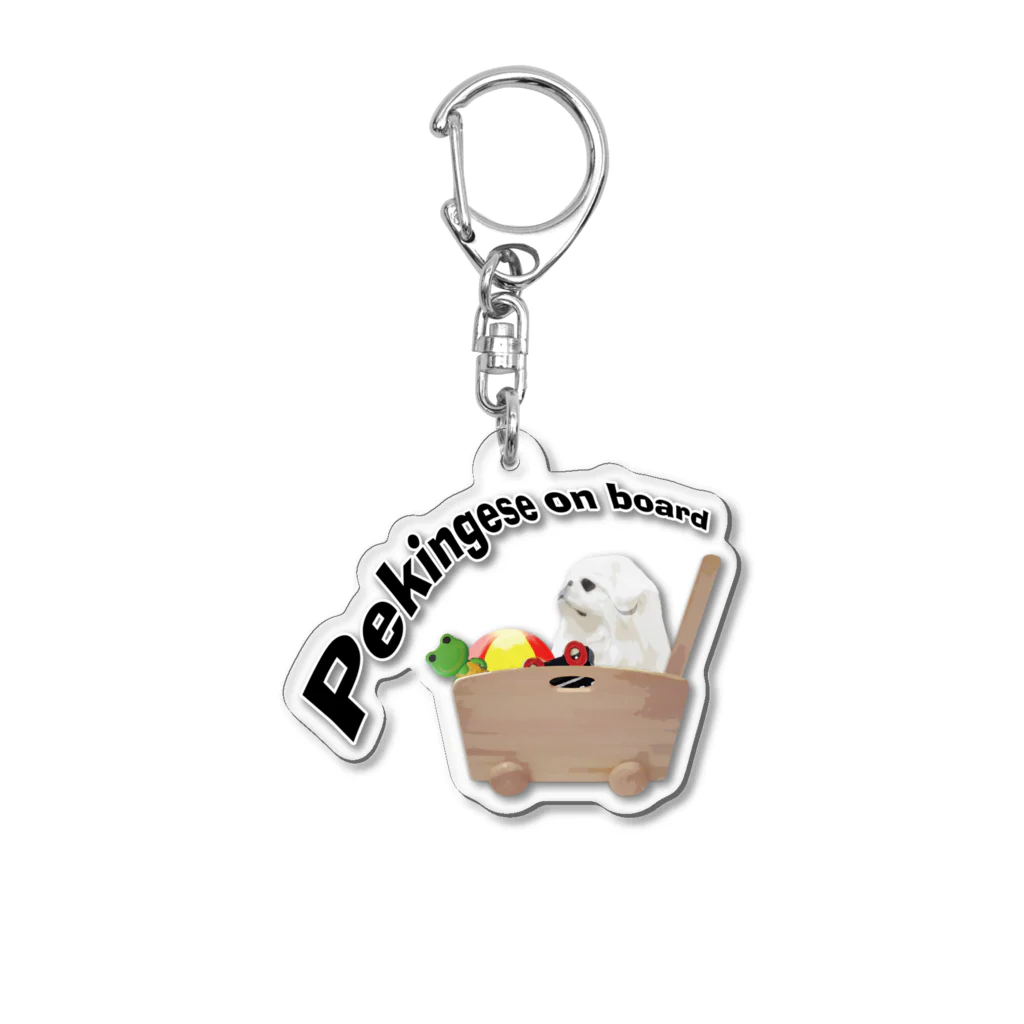 犬グッズの店しえるぶるーのおもちゃ箱に乗ったペキニーズ Acrylic Key Chain