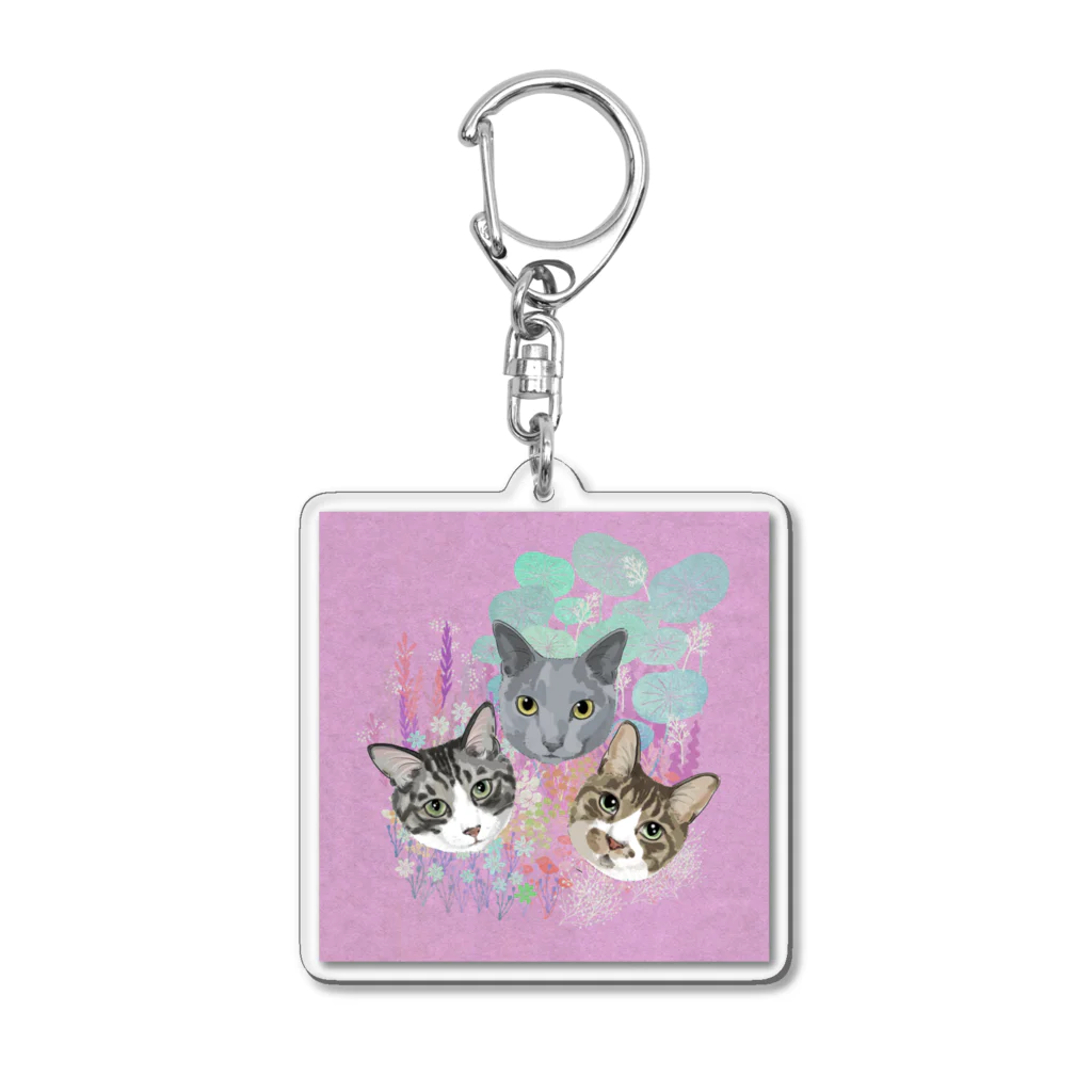 みきぞーん｜保護猫 ミッキー画伯と肉球とおともだちのchaa & guri & ari　×お花畑 Acrylic Key Chain