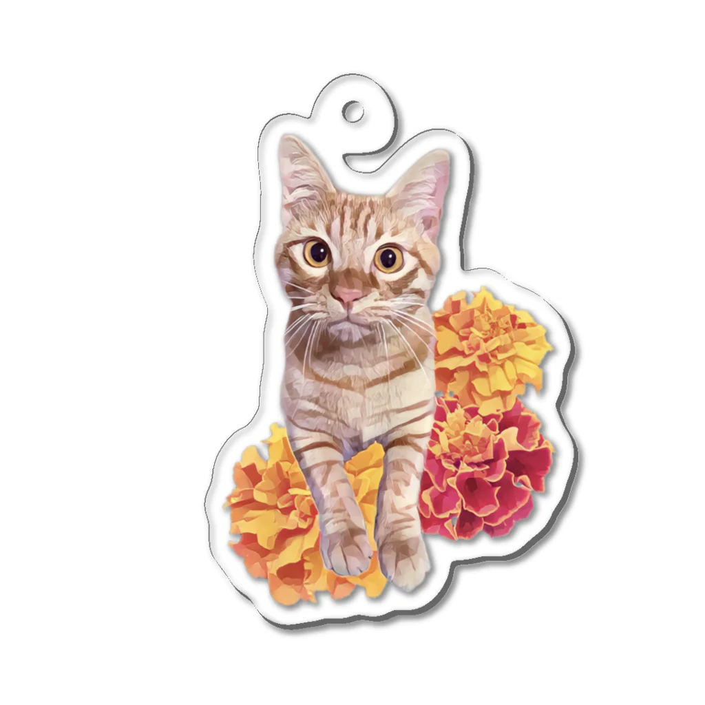 ねこやの茶トラ猫とマリーゴールド Acrylic Key Chain