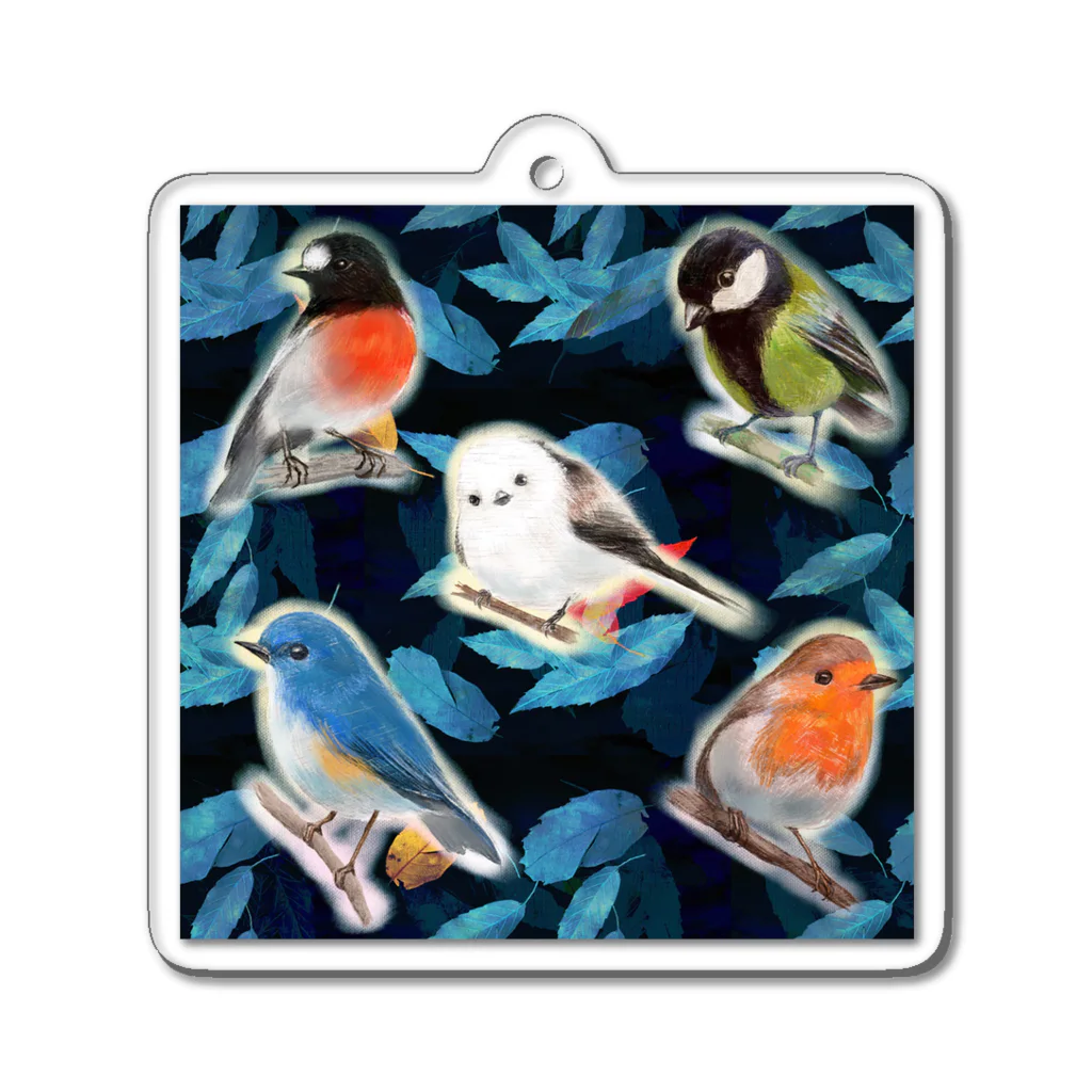 NORIMA'S SHOP の落ち葉のコラージュとかわいい野鳥たち Acrylic Key Chain