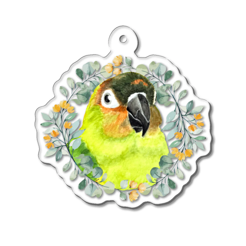 mariechan_koboの020 クロカミインコ(ハイブリッド)　オレンジ小花のリース Acrylic Key Chain