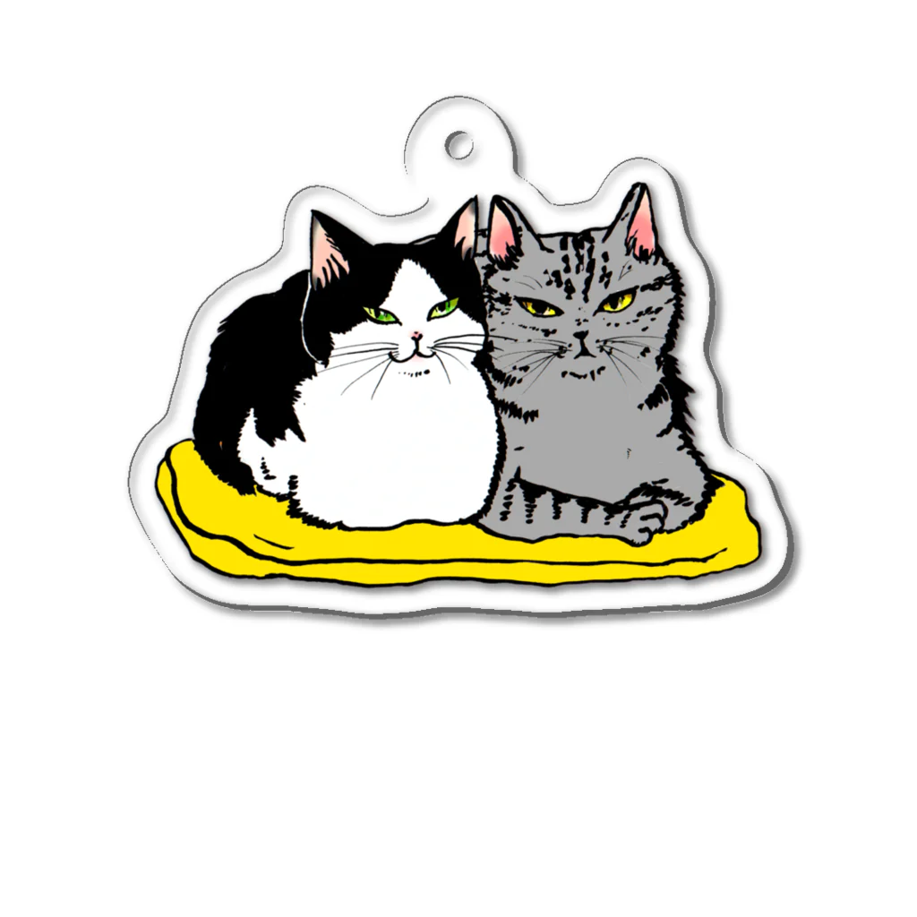 猫竹（nekotake)の黄色い座布団のサバトラとハチワレ仲良し猫(香箱)-猫竹 アクリルキーホルダー