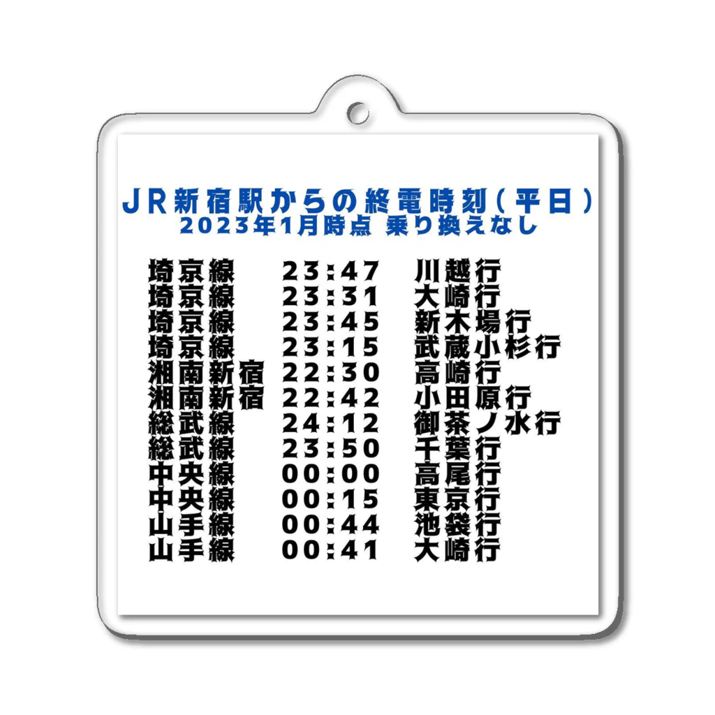 だるまさんのJR新宿駅からの終電時刻(平日) 2023年1月時点 乗り換えなし アクリルキーホルダー