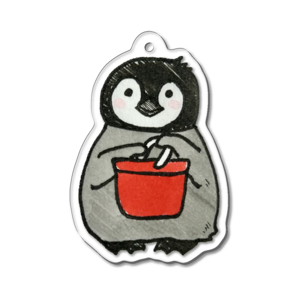 miyakemasayoのなぜか赤いバケツを持つペンギンのおこさま Acrylic Key Chain