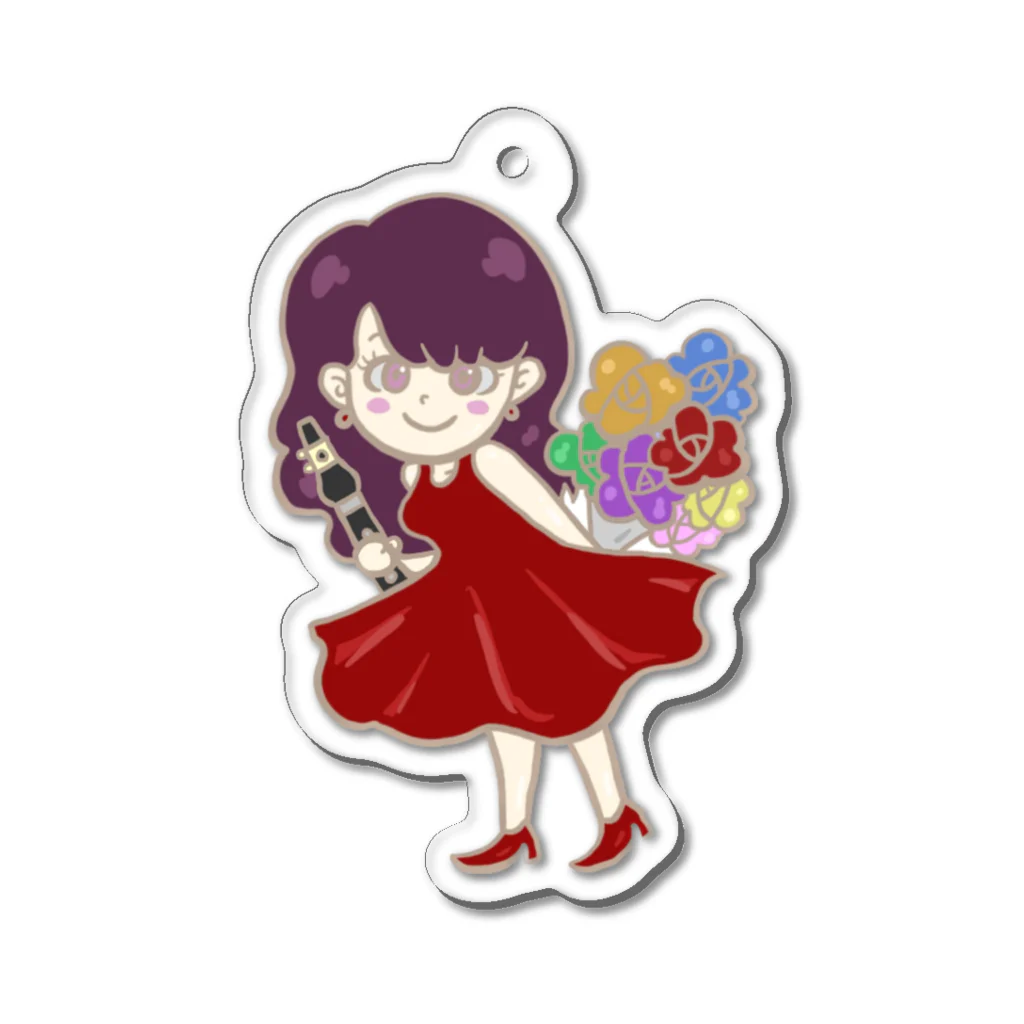 まなclarinetの虹色の花束とクラリネットを持つ女の子 Acrylic Key Chain