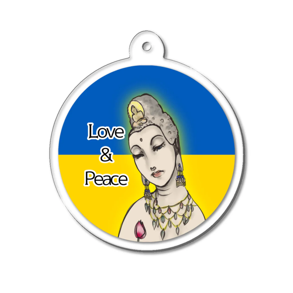 諭苑のSUZURI店のLove＆Peace観世音菩薩ウクライナ国旗背景 Acrylic Key Chain