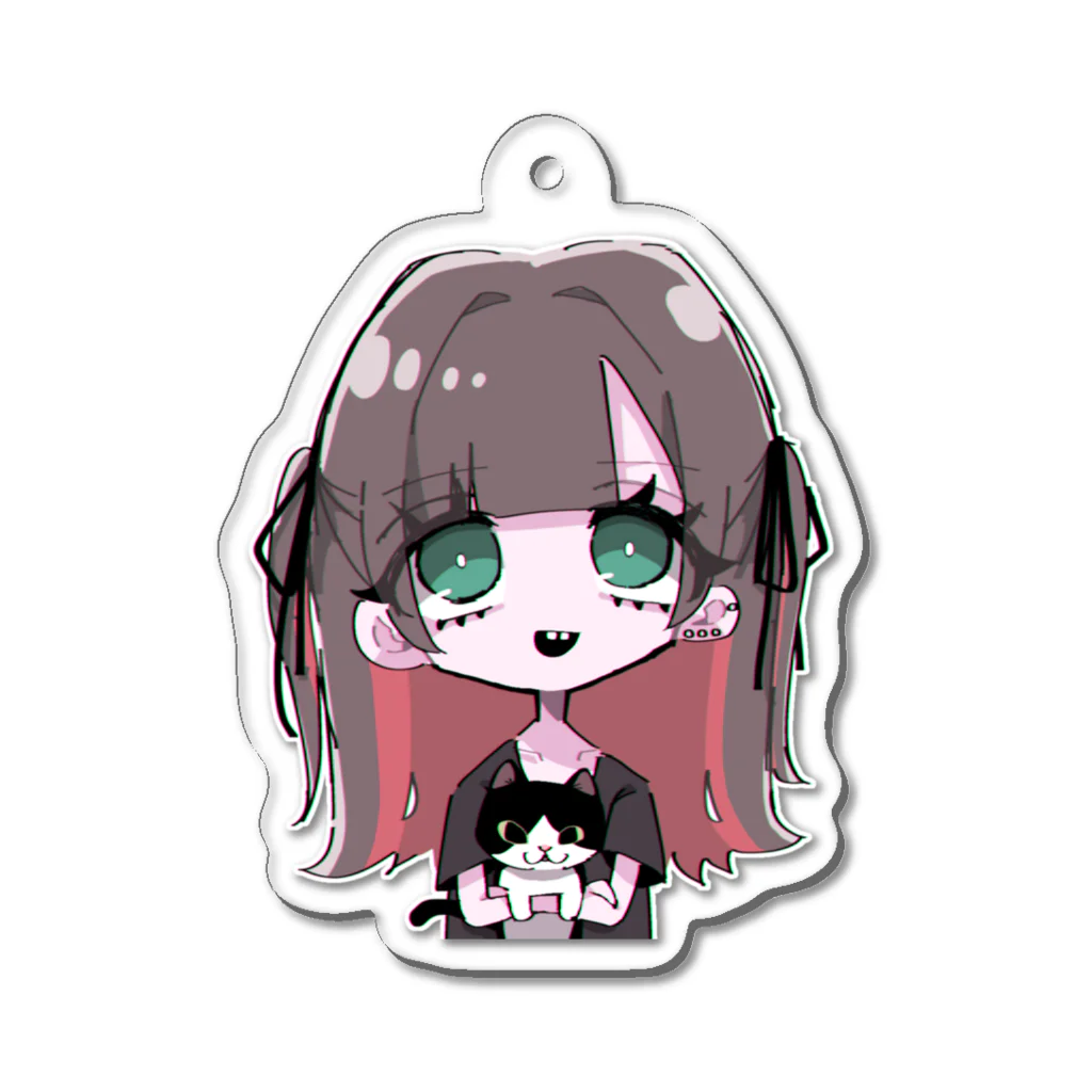 かにぴんくの女の子と猫 Acrylic Key Chain