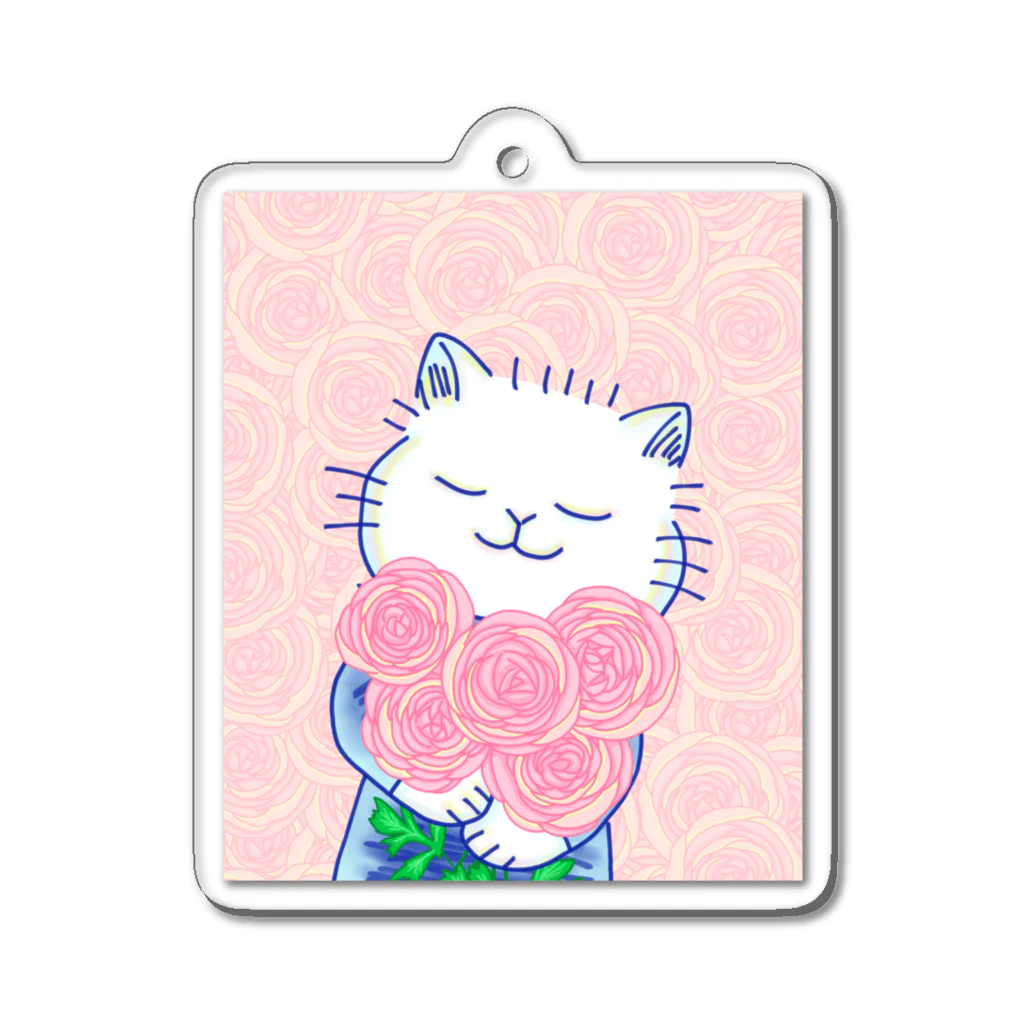 ねこーとさん(ネロリ)のピンクのラナンキュラスとねこーとさん Acrylic Key Chain