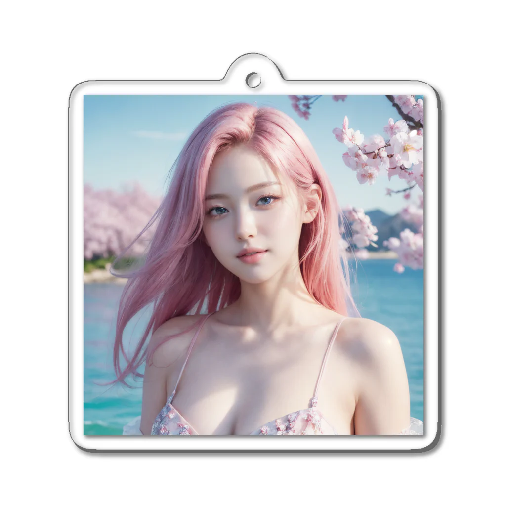 AI goddessの桜と川と青空と、ピンクの髪の女の子 Acrylic Key Chain