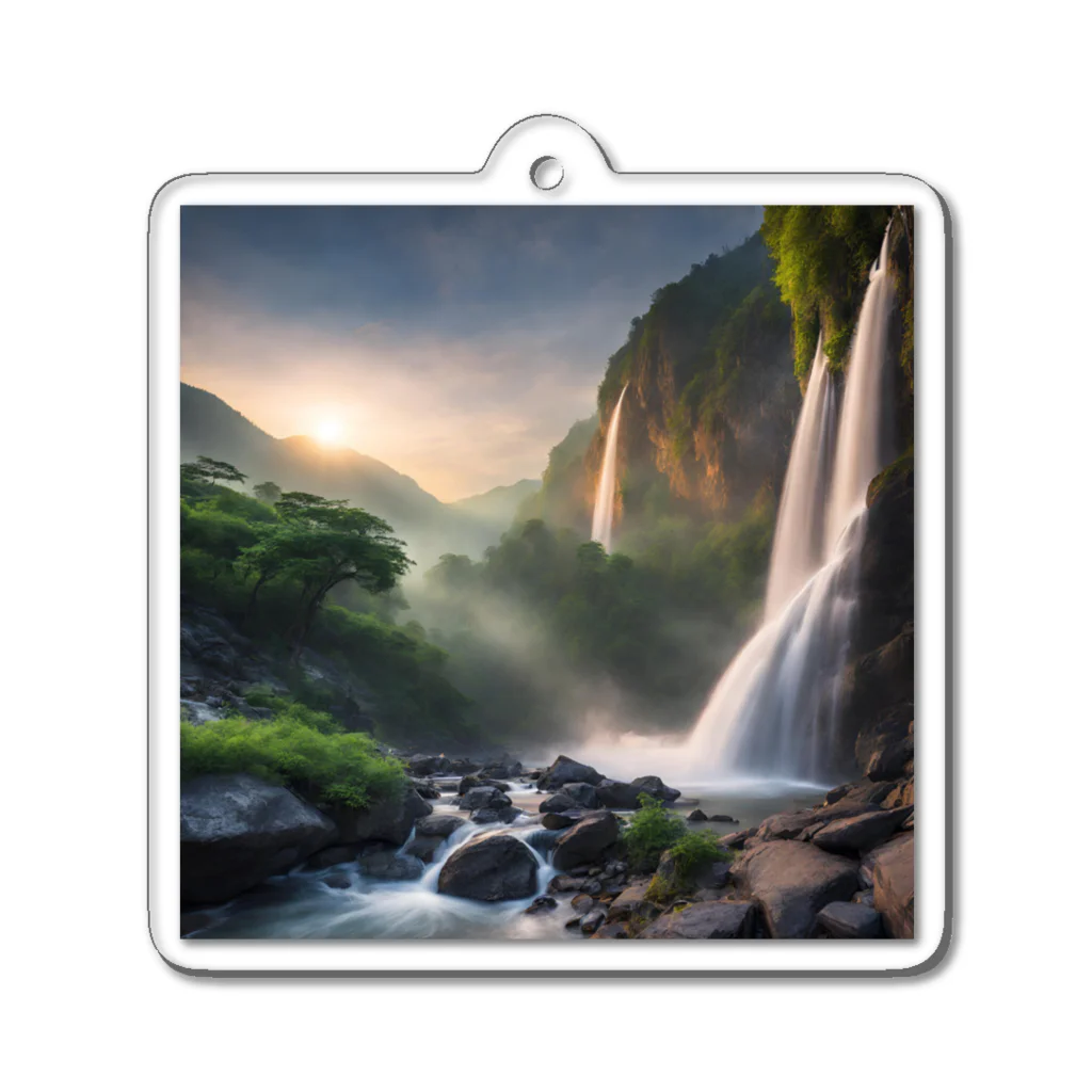 TechArtWorkGalleryの夜明けの滝と山々の美しい自然風景 Acrylic Key Chain