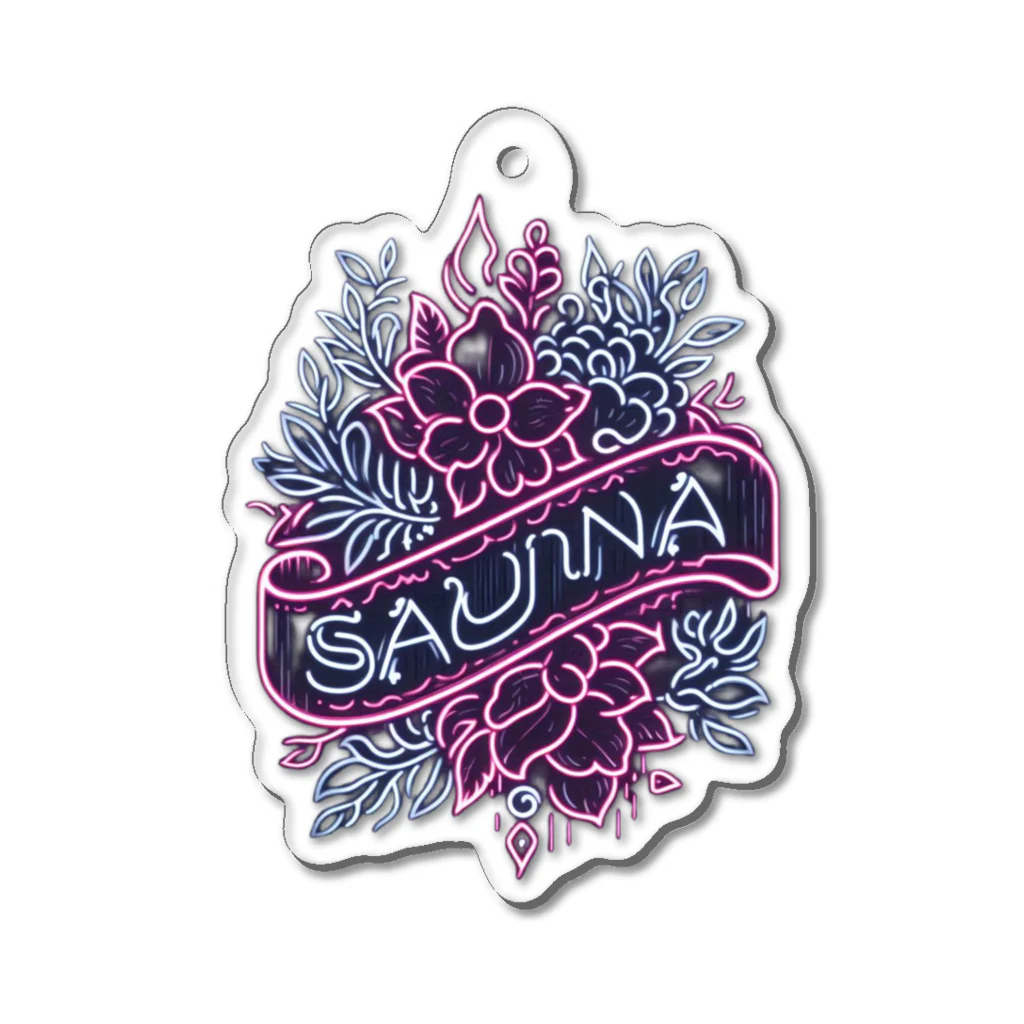 N SAUNA LOGOのネオン風花柄サウナロゴ11　花柄ver.4 アクリルキーホルダー