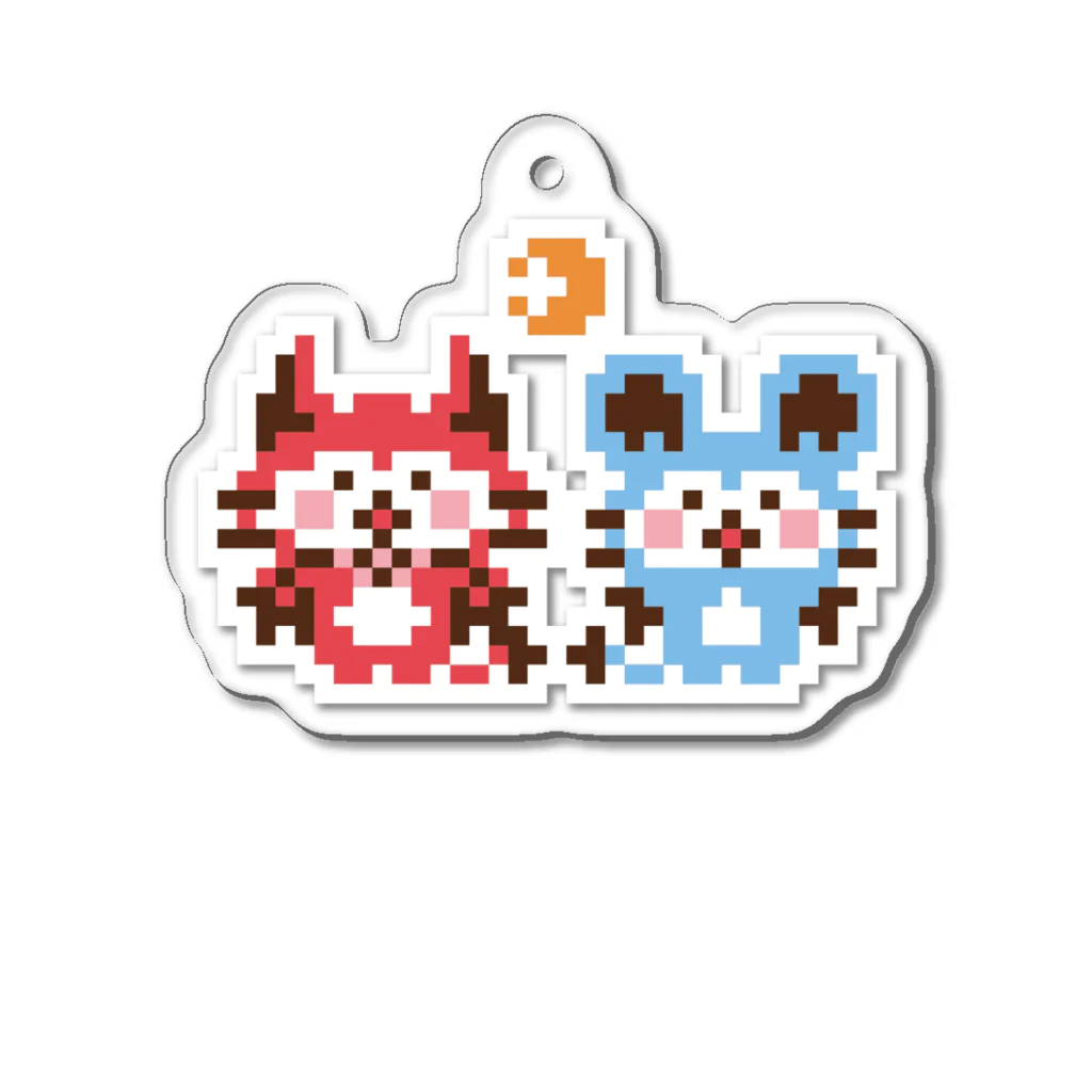 ミニマムユニヴァース@SUZURIのデビねこくんとデビねずちゃんと月のドット絵 キーホルダー アクリルキーホルダー