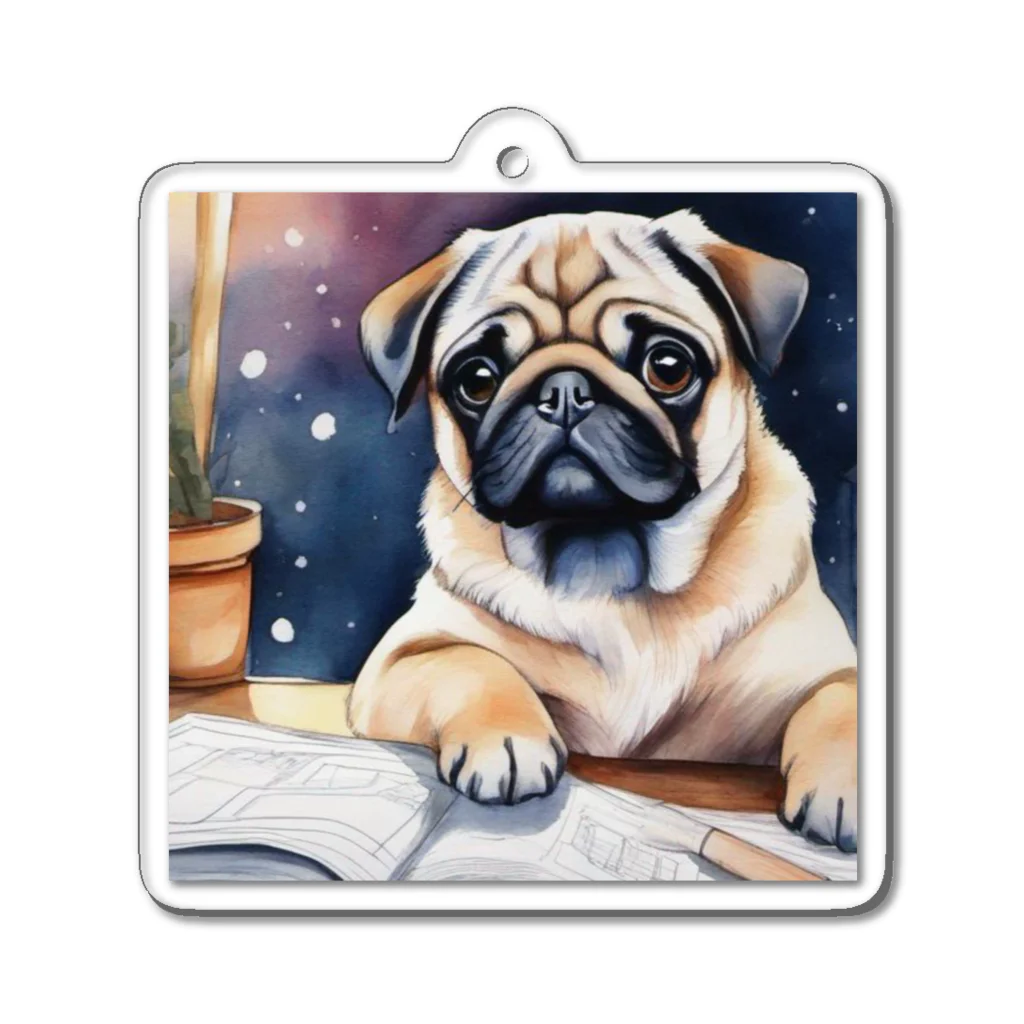 こころやすらぐの水彩子犬　パグ Acrylic Key Chain