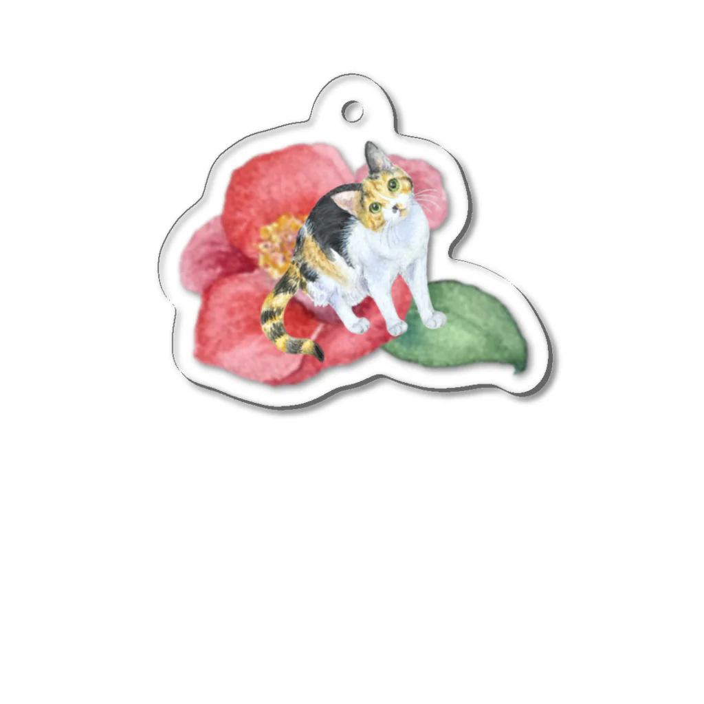 猫が好きすぎる絵描き　キジシマ ミキの三毛猫ちゃん椿に乗る Acrylic Key Chain