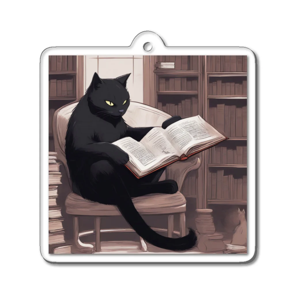 mugcupの本を読む黒猫 Acrylic Key Chain