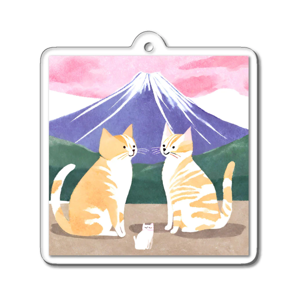 Shironekokuuの富士山と親子ねこ Acrylic Key Chain