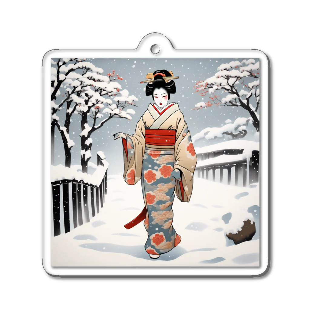 日本の風景 COOL JAPANの日本の風景、冬雪降る中を歩く舞妓さん　MAIKO walking in the snow アクリルキーホルダー