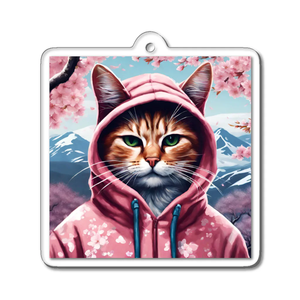 オシャンな動物達^_^の桜舞うなかオシャン猫 Acrylic Key Chain