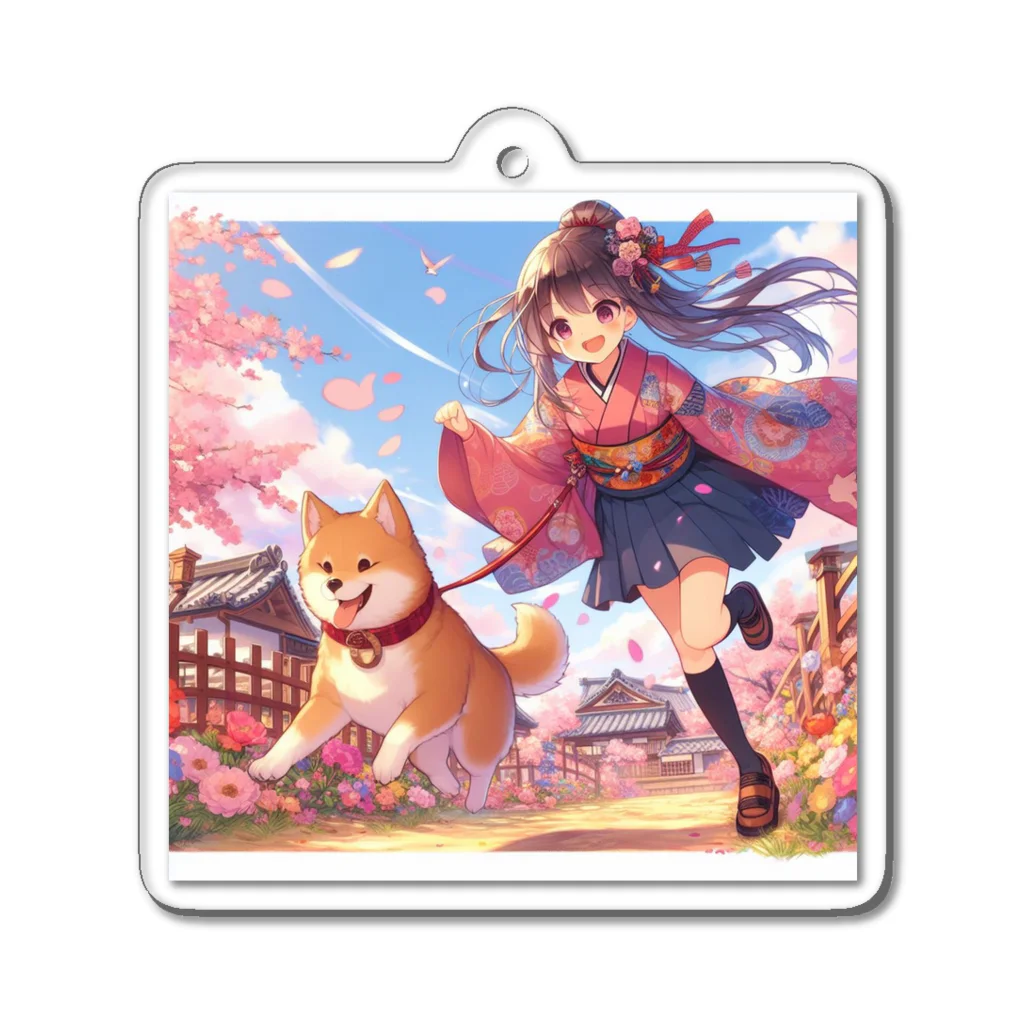 推しの美少女とアイドルの桜の中を犬と走る女の子 アクリルキーホルダー