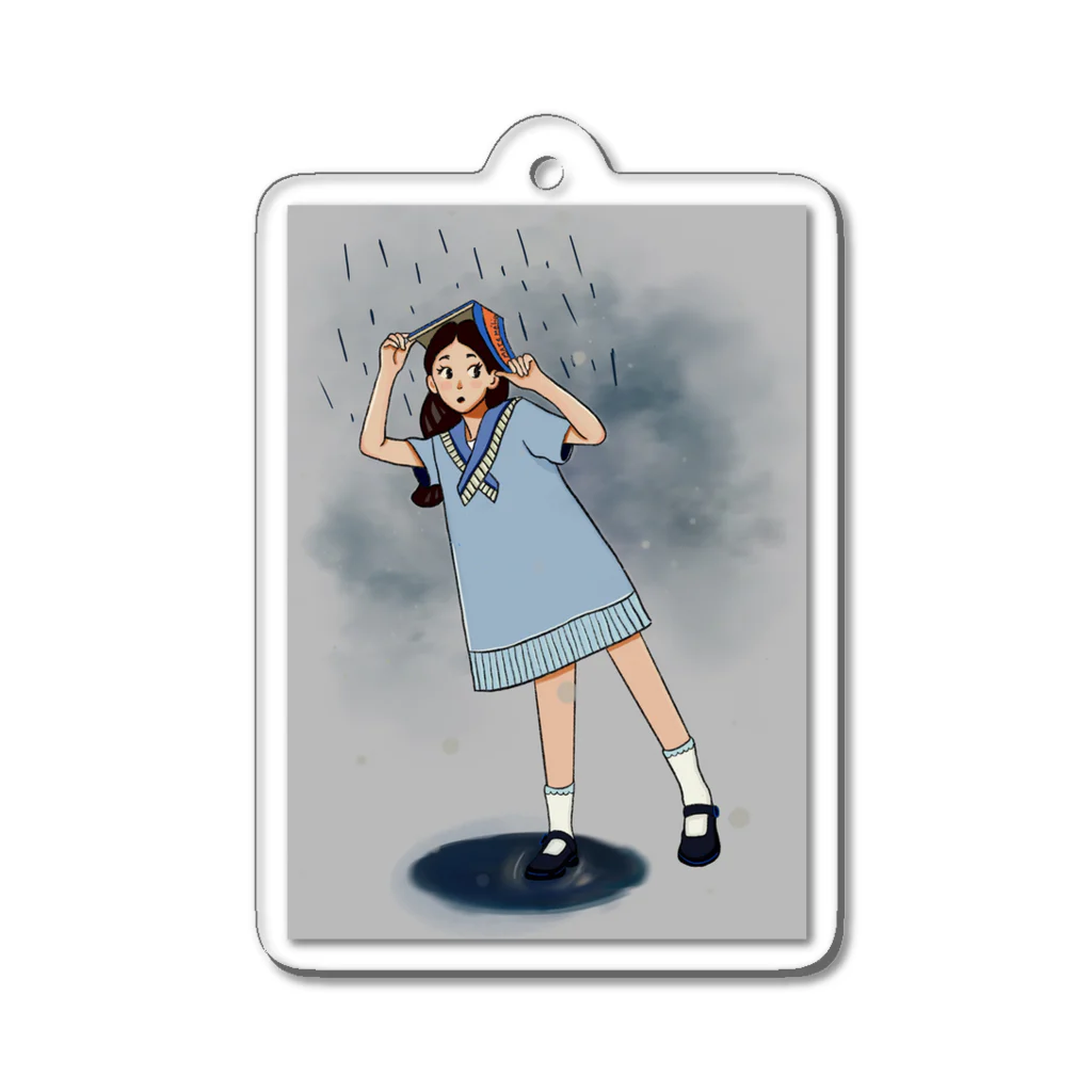 ナタリアの絵の雨から逃げる女の子 アクリルキーホルダー