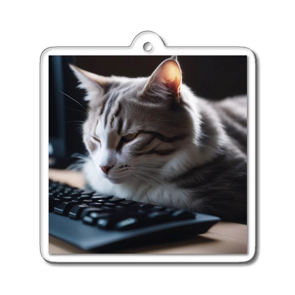 tomozo777のキーボードの前で寝る猫 Acrylic Key Chain