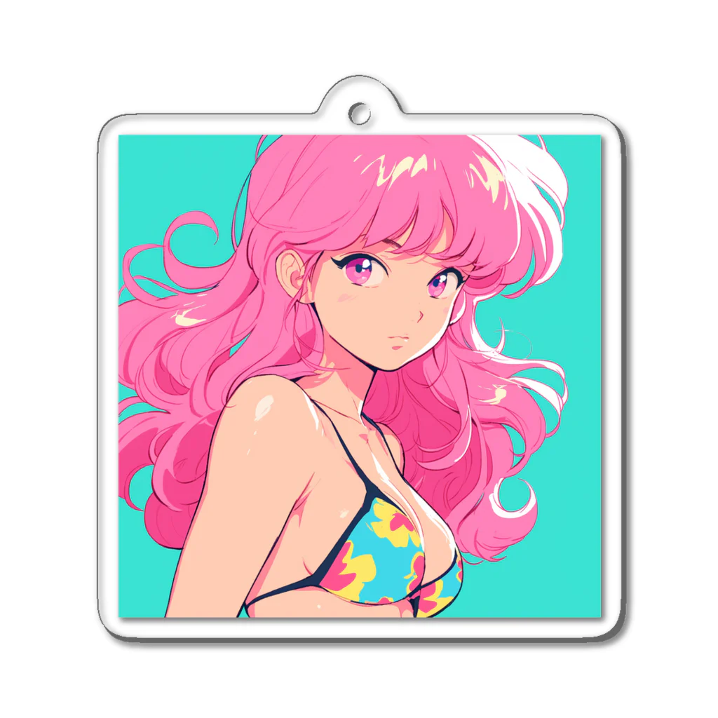 toya-General storeのピンクヘアーレトロガール Acrylic Key Chain