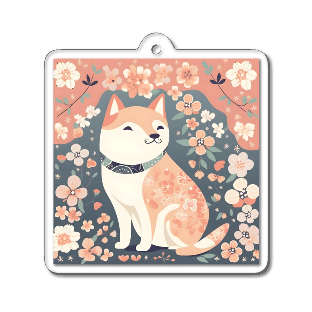 Grazing Wombatの日本画風、柴犬と桜-Japanese-style painting of a Shiba Inu with cherry blossoms アクリルキーホルダー