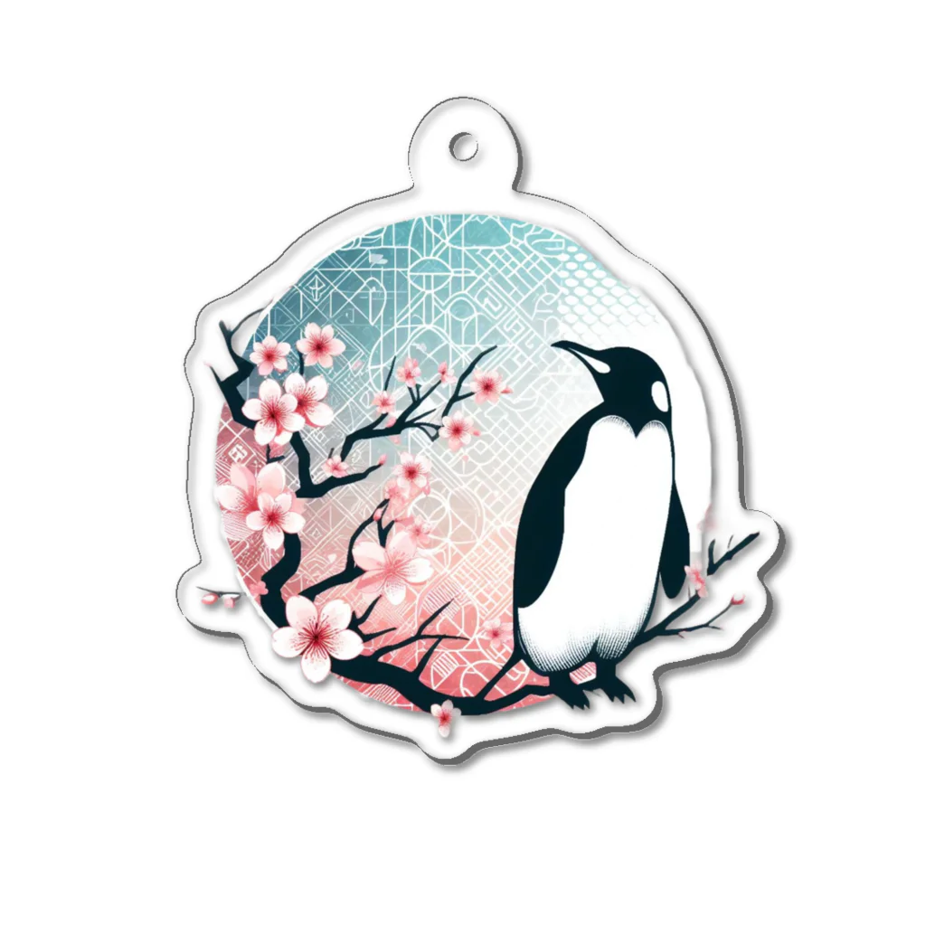 Green__teaのペンギンと桜サークル Acrylic Key Chain