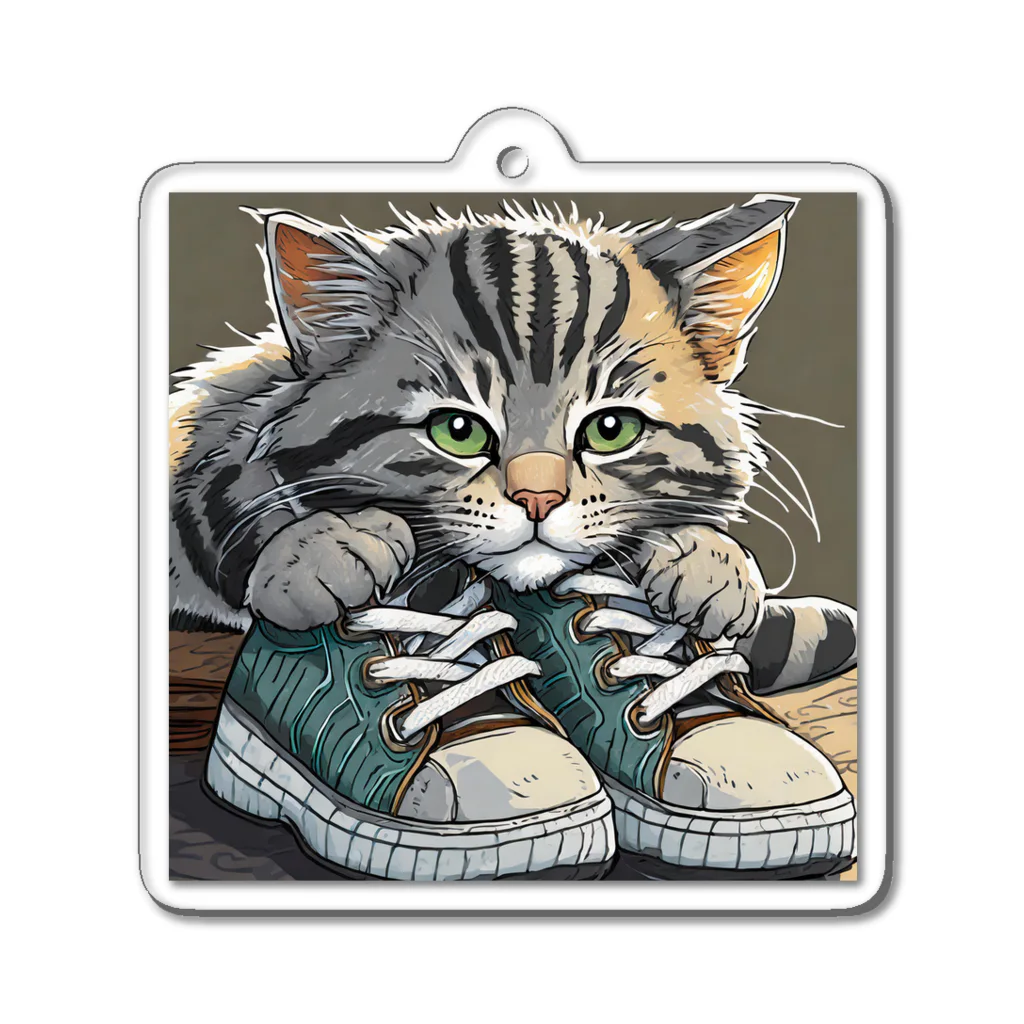 yoiyononakaのスニーカーと虎縞灰猫02 Acrylic Key Chain