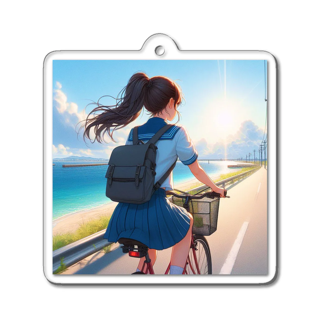 ふりむいての海岸沿いの風、自転車を漕ぐ女の子 アクリルキーホルダー