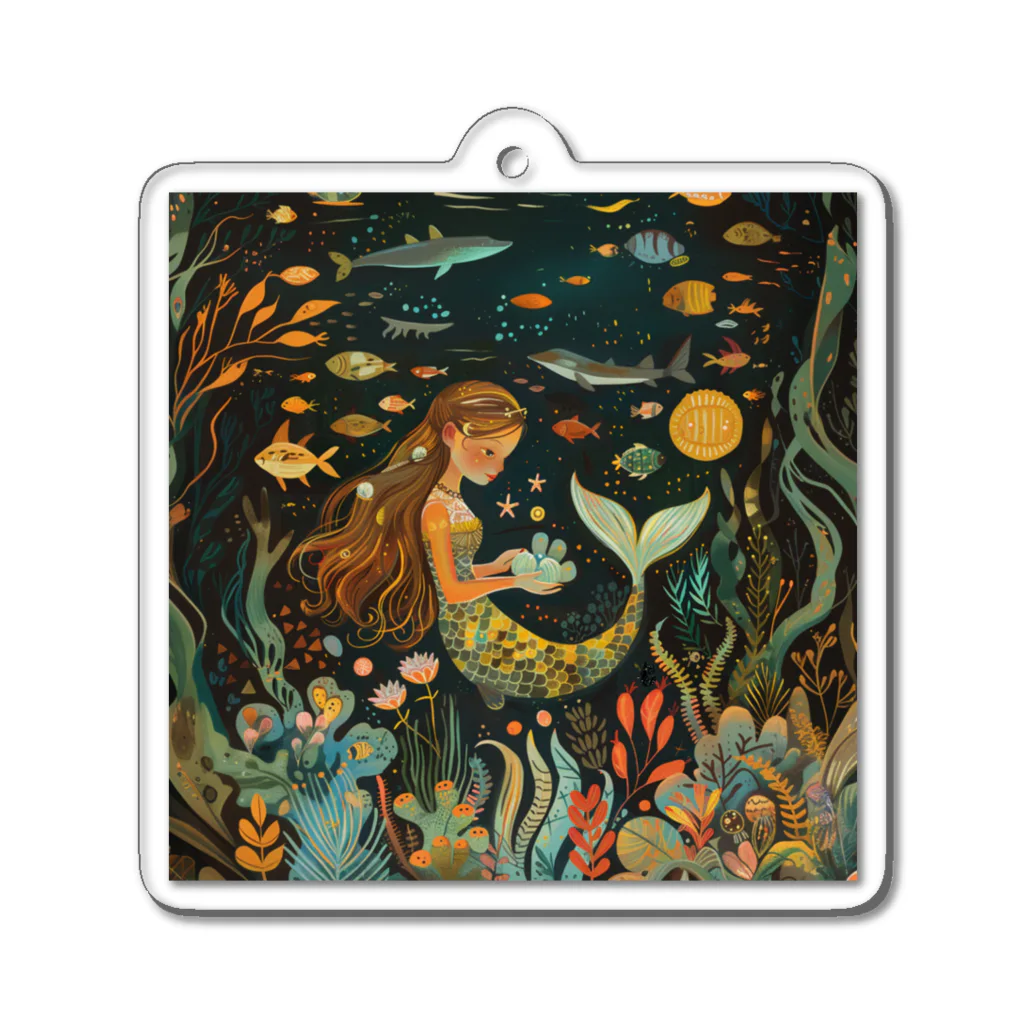 人魚堂の宝石を眺める人魚のアクリルキーホルダー Acrylic key ring of a mermaid gazing at jewels Acrylic Key Chain
