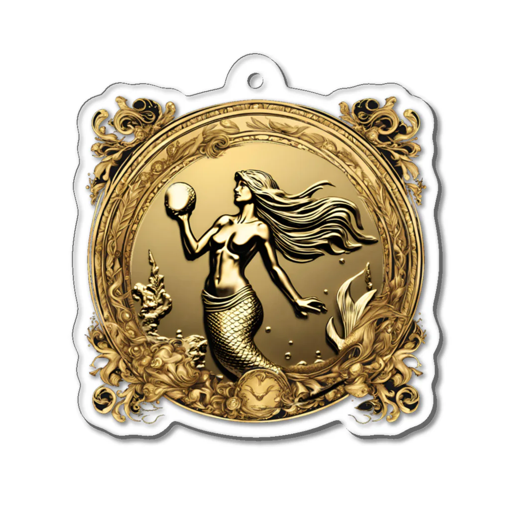 アニマル四字熟語の伝説の人魚をデザインした金のメダル アクリルキーホルダー