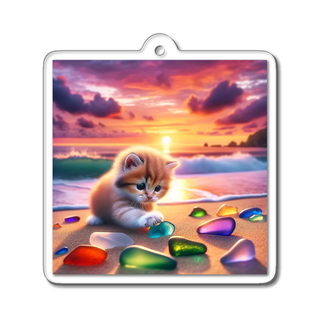 yunakiziの夕日の中シーガラスで遊ぶ子猫 Acrylic Key Chain