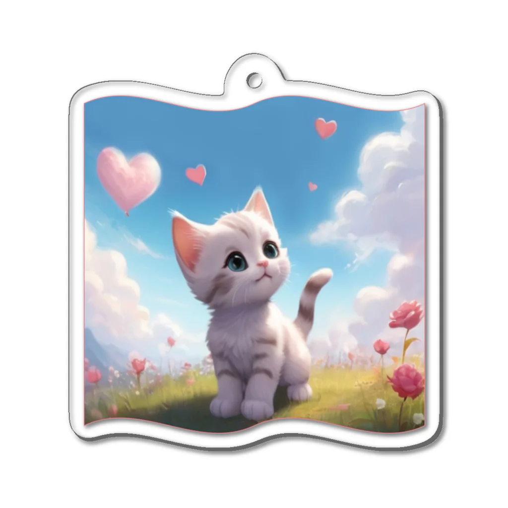 chibi_hikariのCute Kitten with Pink Heart Cloud Acrylic Key Chain