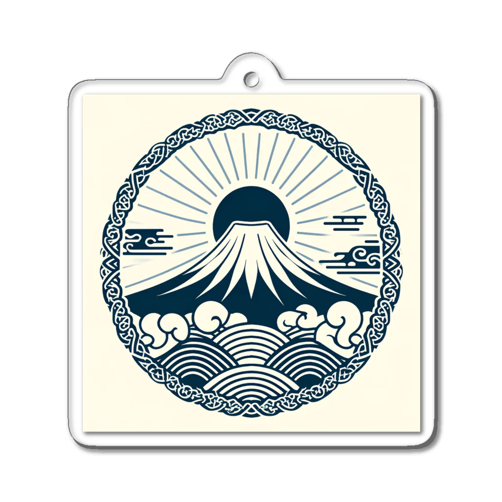 Cool Japanese CultureのMinimalist Traditional Japanese Motif Featuring Mount Fuji and Seigaiha Patterns アクリルキーホルダー