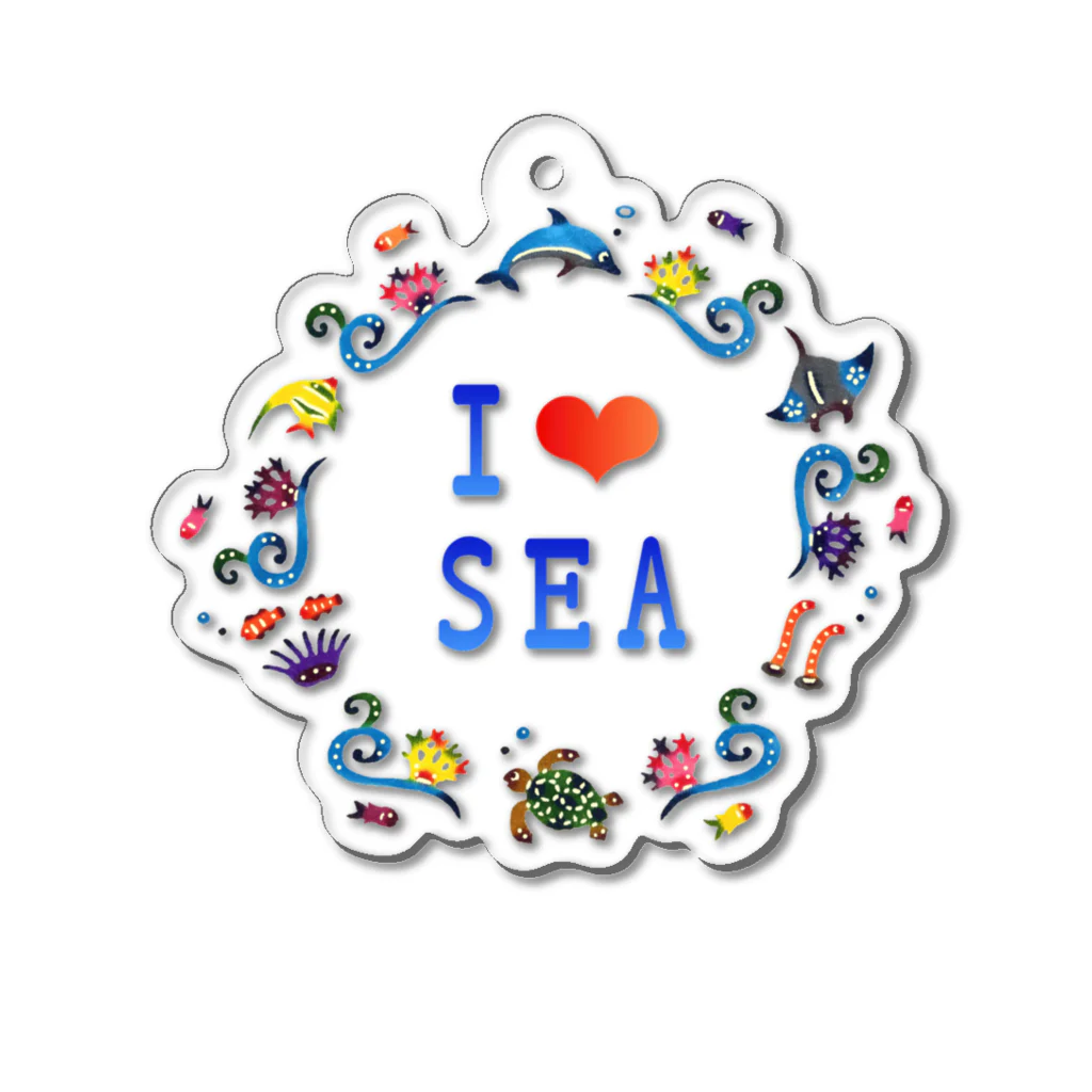 紅型キジムナー工房・コトリンチュのプリント紅型柄 I Love SEA アクリルキーホルダー