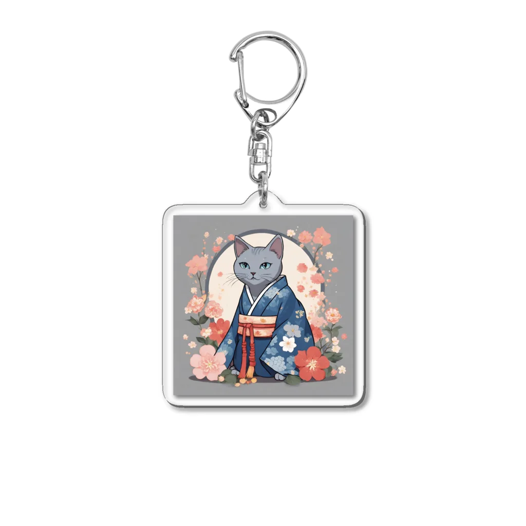 coco_peroのお正月の着物を着たロシアンブルーの猫ちゃんグッズ Acrylic Key Chain