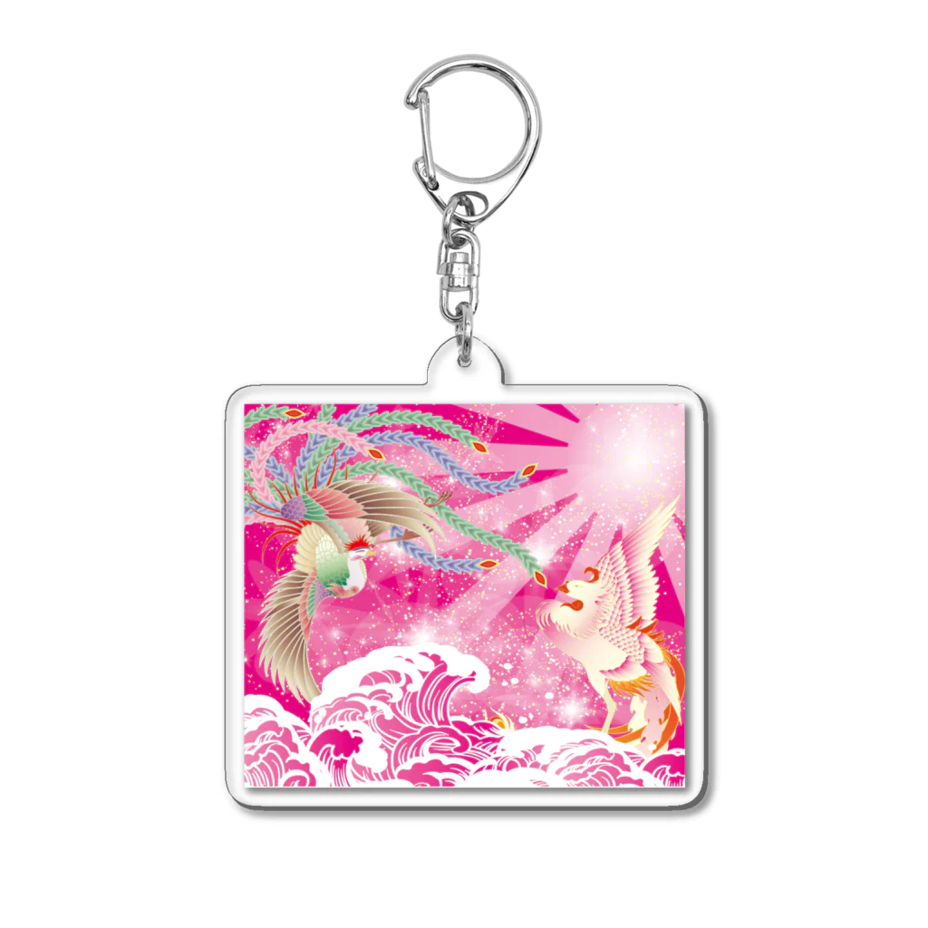 大漁旗　和柄のshopのピンク鳳凰　波　和柄 Acrylic Key Chain