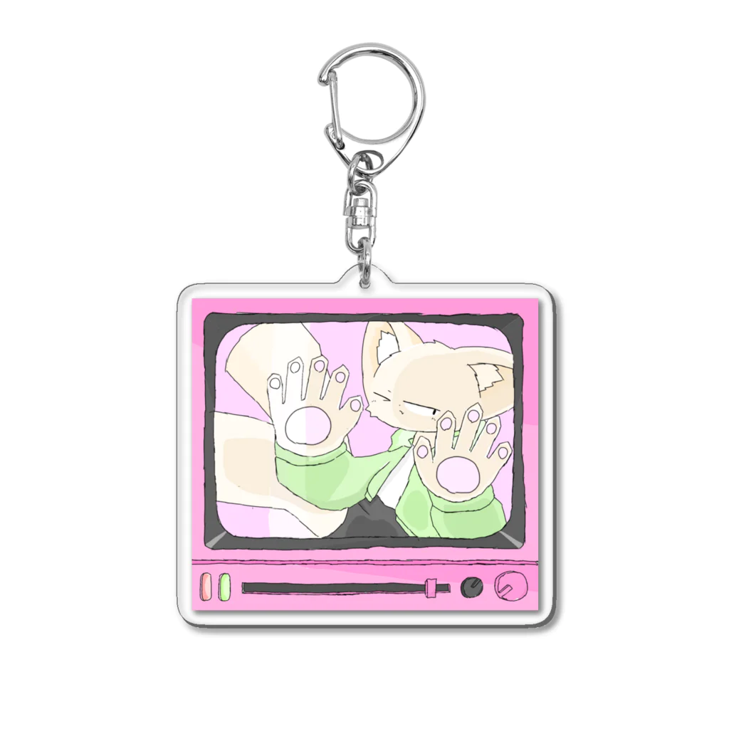 猫手水晶のどうしてもテレビから出たいモフモフ Acrylic Key Chain