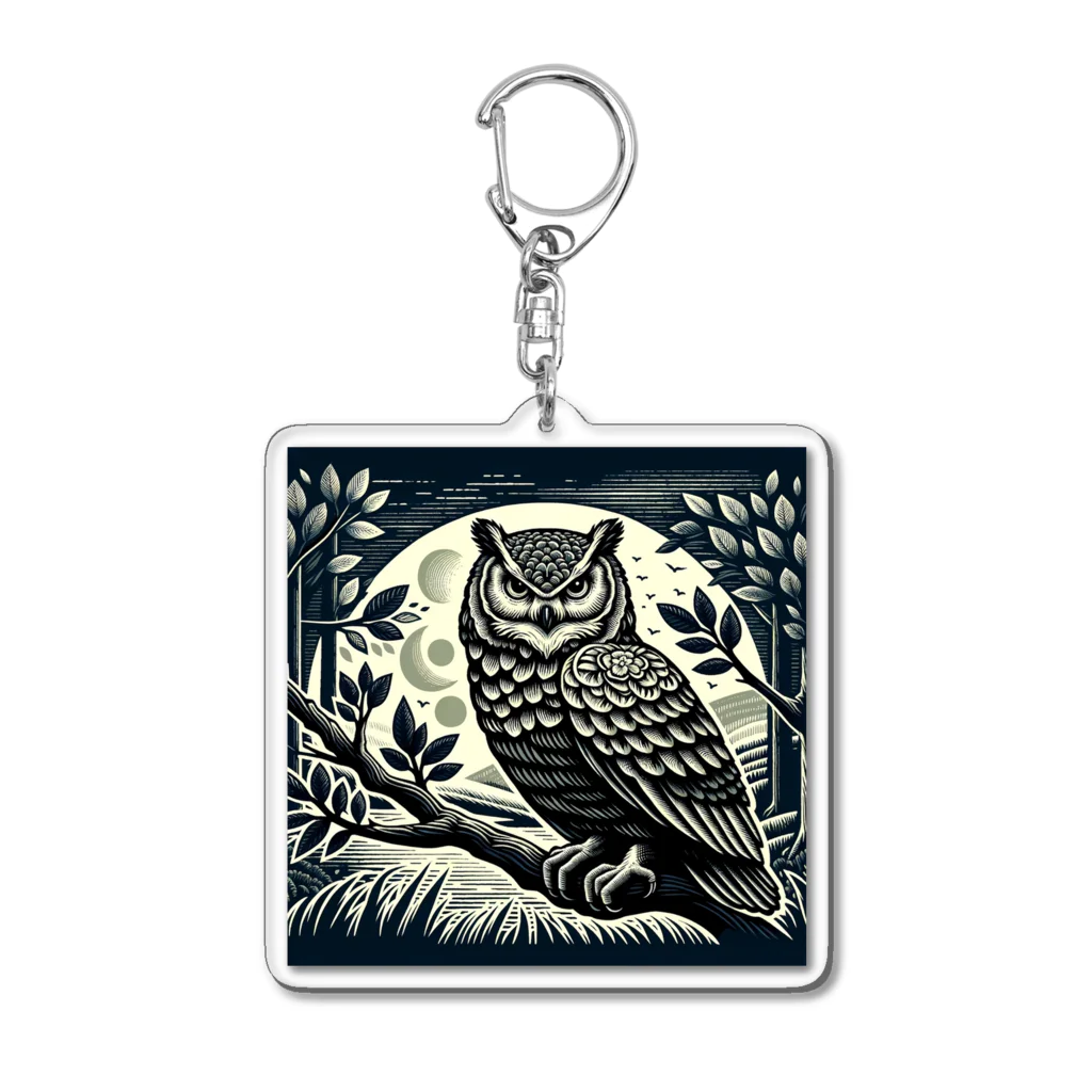 kotpopのOwl gazing from a branch Acrylic Key Chain